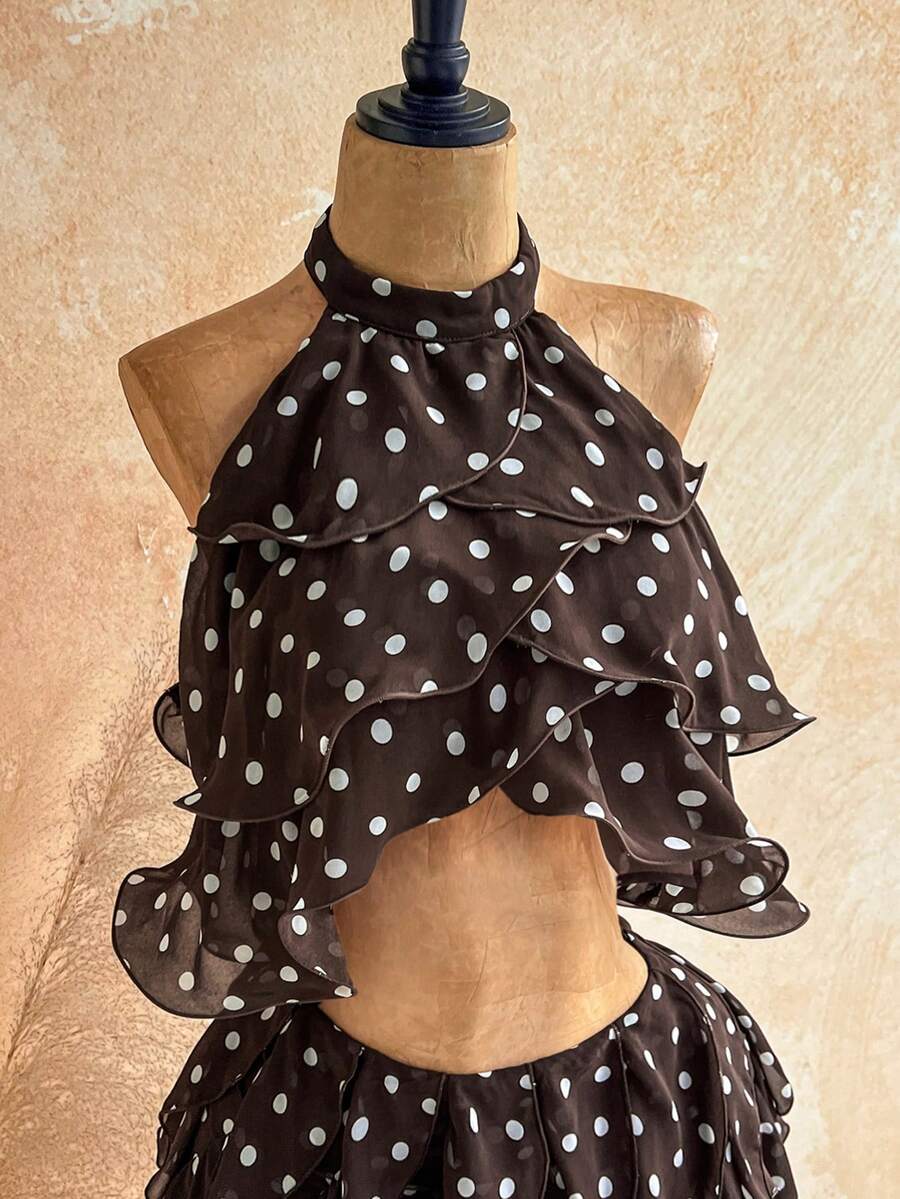 Soleia Women's Polka Dot Pattern Layered Ruffle Trim Halter Neck Crop Top, Vacation Style - Coffee Brown - View 1