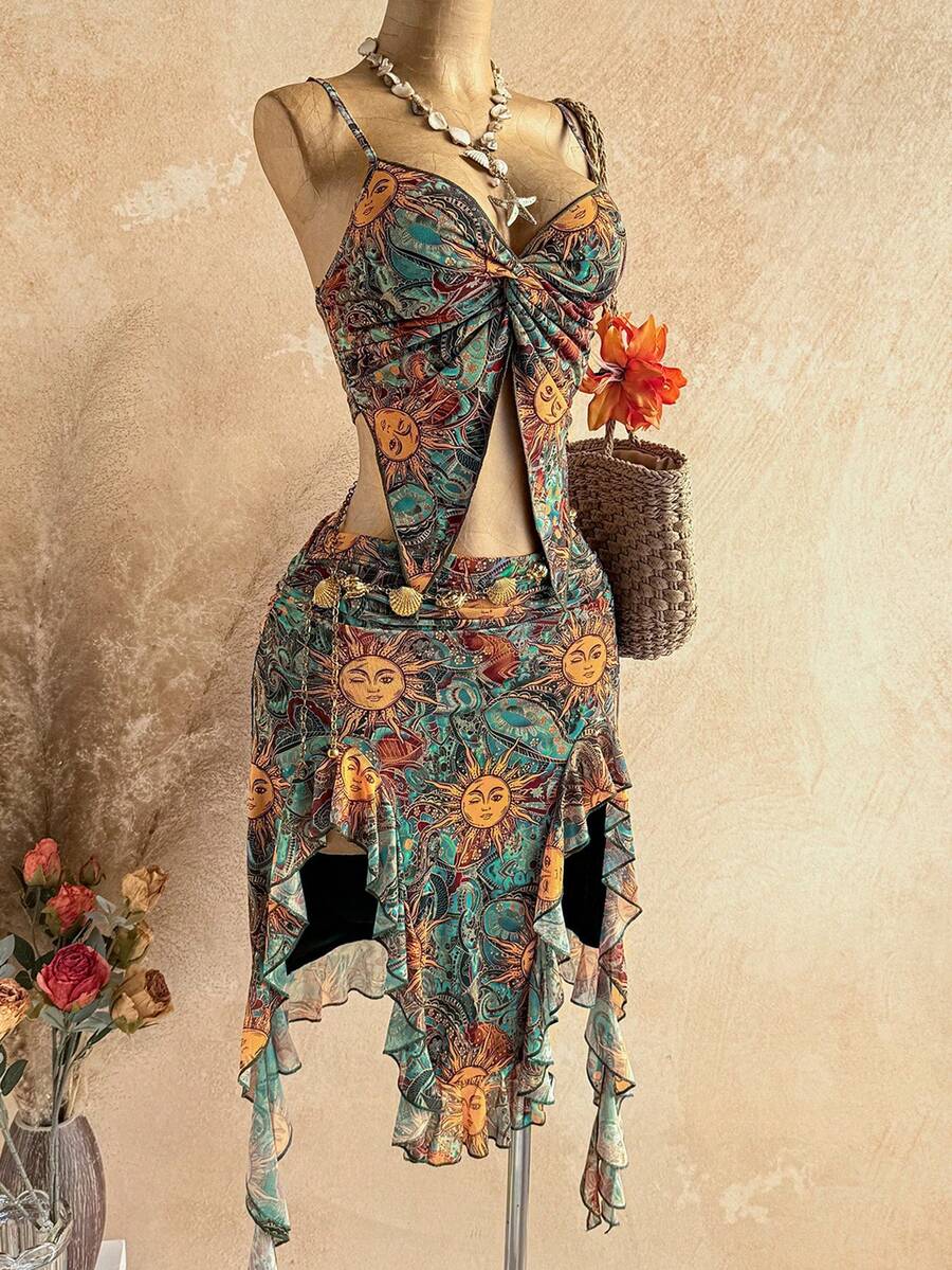 SHEIN WYWH 女士度假阳光脸印花扭结吊带背心和不对称下摆中长裙两件套 - 彩色 - 查看 1