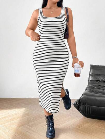 Comfortcana Plus Size Casual Striped Slit Sleeveless Dress, Summer Basic