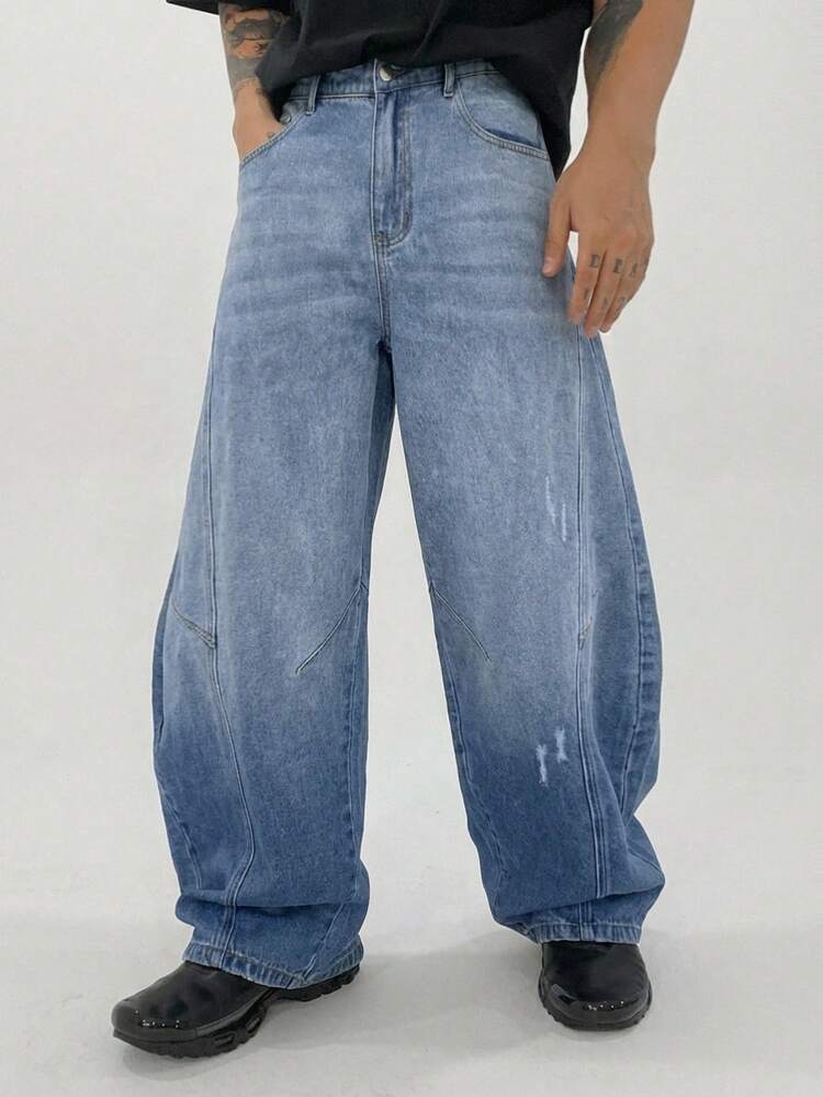 Men's Blue Washed Vintage Tapered Jeans, Suitable For Spring And Autumn Summer