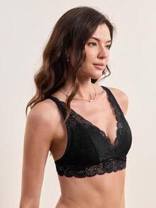 SHEIN Floral Lace Scallop Trim Bralette Lingerie - Black - View 4