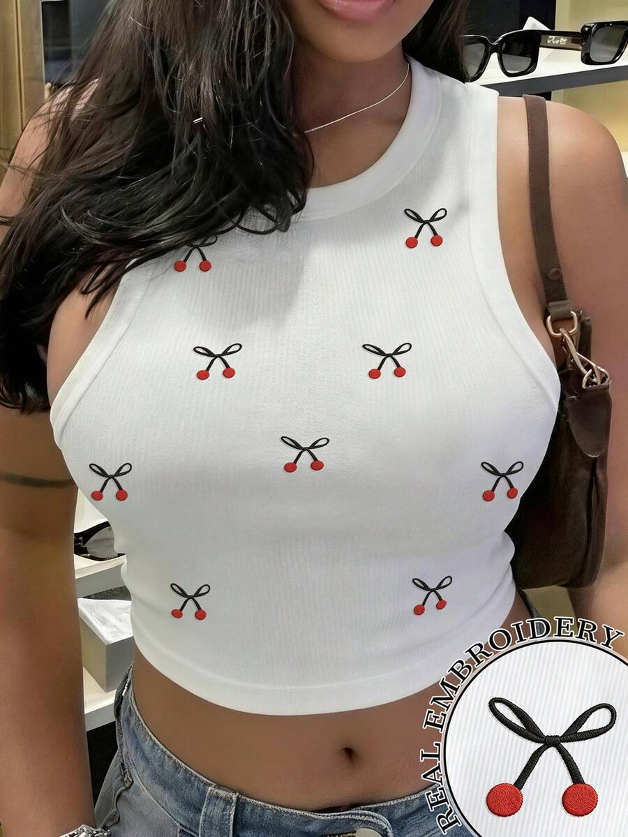 Rovax 女士圆领背心,带刺绣蝴蝶结图案 - 白色 - 查看 1