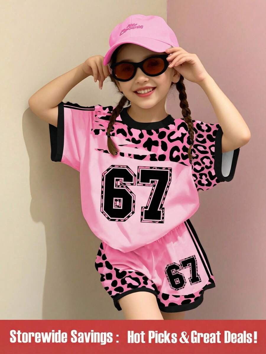 SHEIN 时尚甜美复古拼接豹纹67号数码印花女童T恤套装,适合运动、校园、户外、日常穿着,春夏皆宜。 - 彩色 - 查看 1