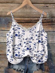 EMERY ROSE Plus Size Floral Print Lace Patchwork Camisole - White - View 1