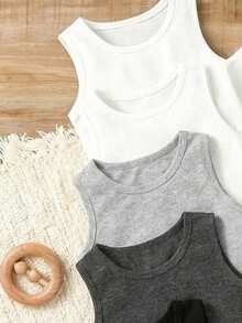 SHEIN 10件装男童舒适休闲无袖打底衫，简约设计风格，易于搭配，弹力透气针织面料，可机洗，穿着舒适，易于打理（5件单独出售） - 黑與白 - 查看 3