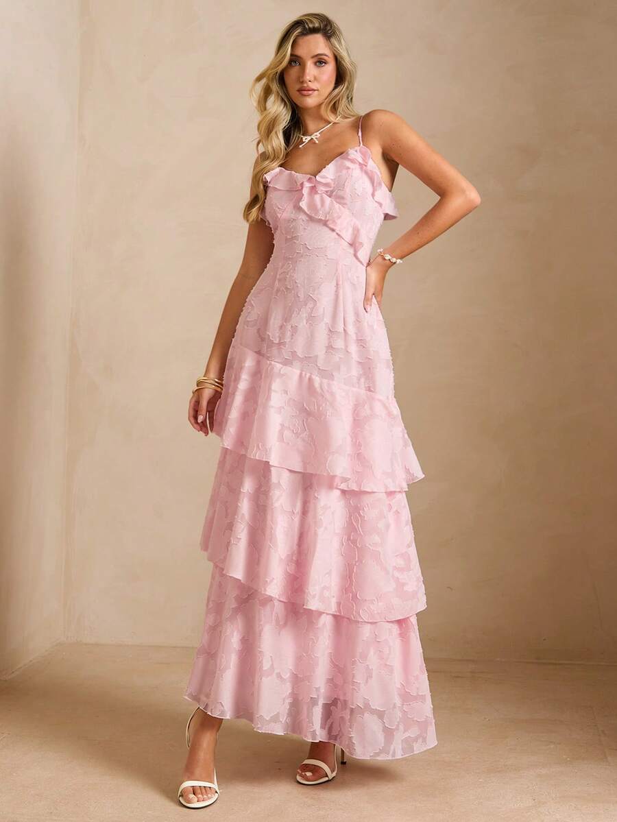 Enchnt 女士镂空拼接荷叶边下摆优雅吊带裙 - 粉色 - 查看 1