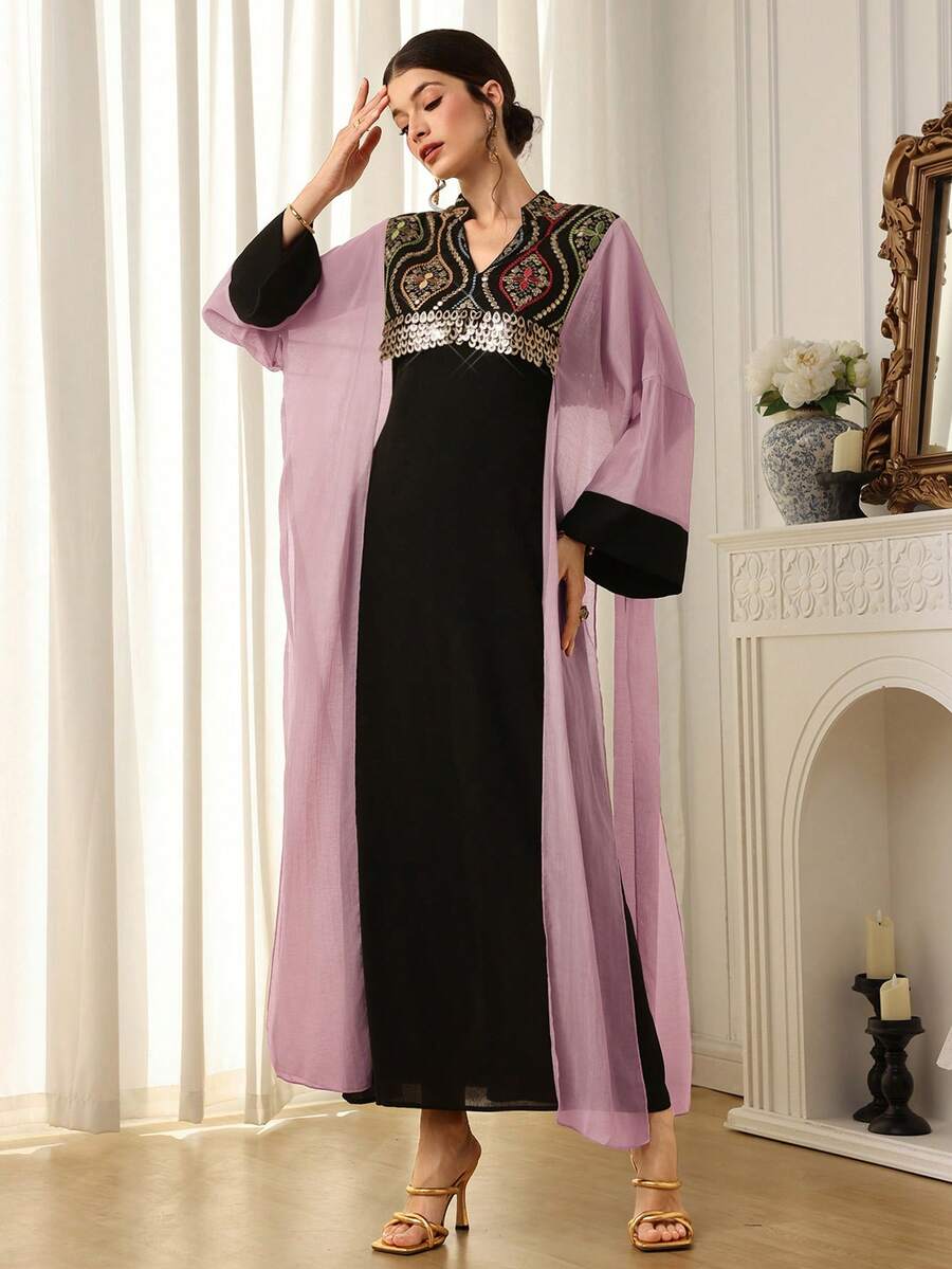 Al Najma Đầm nữ kiểu Ả Rập thanh lịch, dáng rộng, đính sequin và ghép mảnh. - Hồng - Xem 1