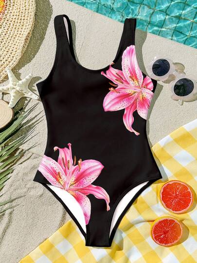 黑色时尚热带花卉印花少女休闲简约连体泳衣，适合夏季穿着