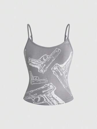 Grunge Punk Top de tirantes versátil con estampado de pistola sexy para mujer, estilo Y2K