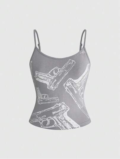 Grunge Punk Top canotta da donna versatile con stampa di pistola in stile Y2K sexy