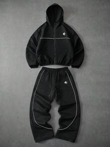 PAVTROS 男士撞色滚边拉链连帽衫和抽绳腰带运动裤套装 - 黑色 - 查看 7
