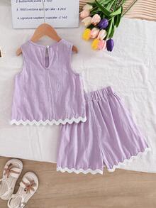 Elladie kids Bộ áo thun không tay và quần short kiểu dáng thường ngày dành cho bé gái (cỡ nhỏ), chất liệu vải có họa tiết, phối màu tương phản, gồm áo và quần short. - Màu tím - Xem 2