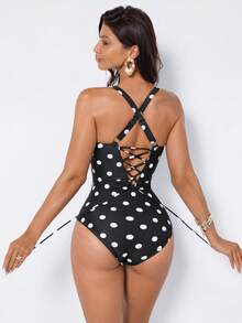 Shapewave Women's Summer Vacation Beach Polka Dot Print One-Piece Swimsuit Polka Dot Swimsuit One Piece Bathing Suits For Women Polka Dot Women's Swimsuits Women's Bathing Suit Full Coverage Women Swim Suit Set - Black and White - View 8