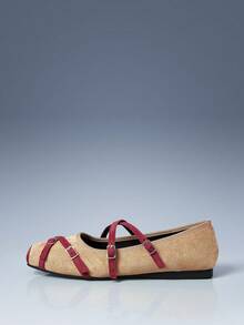 CUCCOO GRLICON 女士平底鞋，方头撞色搭扣设计，休闲平底鞋，机车风穿搭，酷女孩必备，适合春夏、度假、旅行，2000年代风格 - 卡其色 - 查看 2