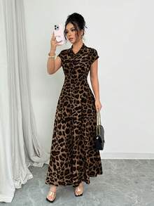 Rafferiza Women's Elegant Leopard Print Collared Short Sleeve Button Down Waist Dress - Volcanic Gray - View 5