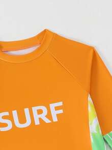 SHEIN 2pcs Tween Boys Swimwear Set,Tropical Orange Summer Funny Beach Vacation Holiday,Palm Tree Long Sleeve Rash Guard Top&Matching Printed Swim Trunks - Multicolor - View 3