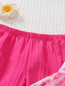 SHEIN Vintaside Kids 两件套少女甜美公主风碎花吊带背心和阔腿裤套装，肩带/下摆双层蕾丝花边，面料柔软舒适，适合日常穿着、派对、生日庆祝、露营、返校等场合。 - 玫紅色 - 查看 8