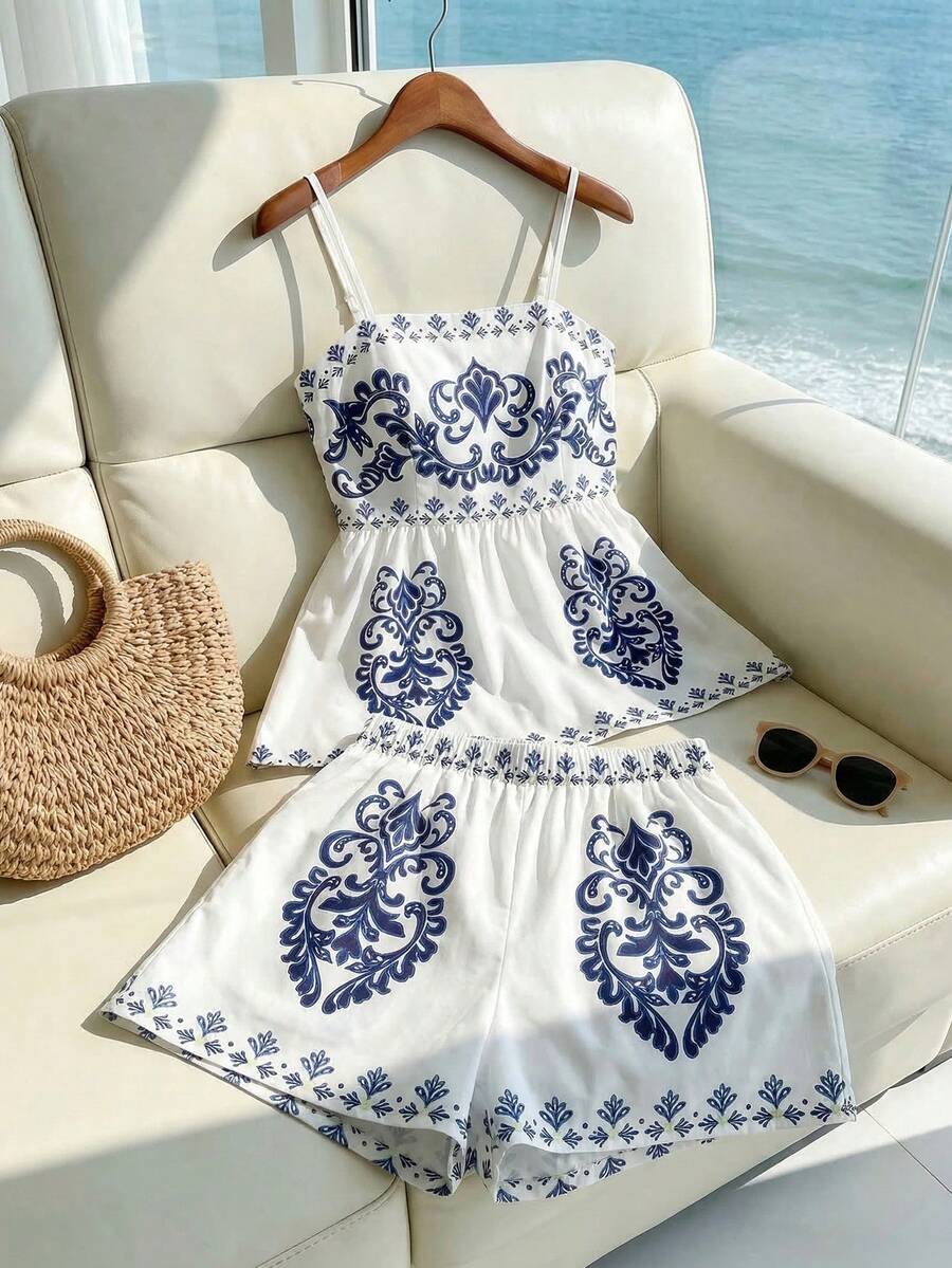 Pariaura 女士新款度假印花吊带背心和短裤两件套 - 藍白色 - 查看 1