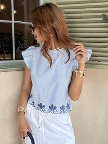 Serisse 女士度假休闲条纹镂空刺绣短袖衬衫 - 藍白色 - 查看 5