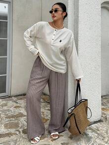 Dazy Plus 2 piezas Conjunto de ropa de casa informal, blusa suelta con bordado de caballo y pantalones largos, pijama para mujer talla grande - Blanco - Ver 5