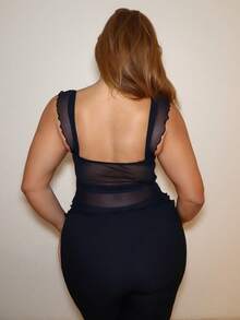 MelDlgn Plus Size Women Ruched Front Fitted Sexy Mesh Splice Flutter Sleeve Backless Casual Vacation Cropped Tank Top, Autumn, Back To School - Black - View 2