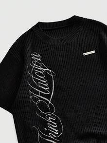 ROMWE MEN Essentials Áo thun nam tay ngắn cổ tròn thêu họa tiết phong cách đường phố Anh - màu đen - Xem 3