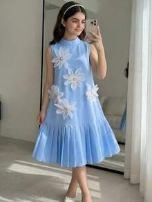 Girls' Elegant Sweet Sleeveless Mini Dress With Layered Ruffle Hem, White Bow Accent, Suitable For Summer, Luxury Party - Blue - View 7