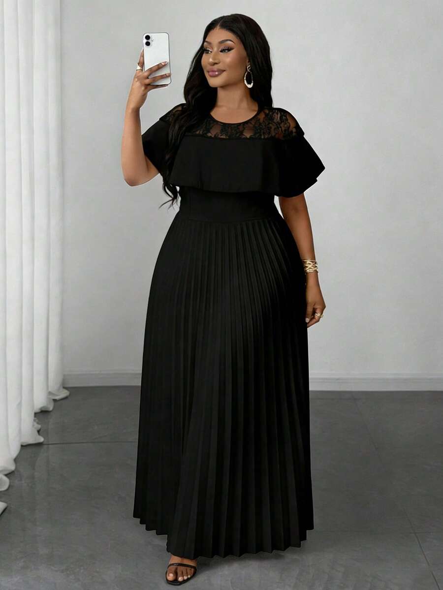Villa Velisse Plus Size Women's Elegant Lace Patchwork Pleated Black Dress, Suitable For Daily Wear, Gatherings, Afternoon Tea, Graceful And Slimming, Black Style, Charming Urban Lady, Office Wear - Black - View 1