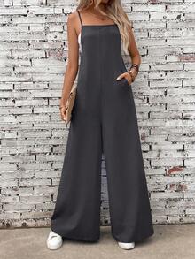 EMERY ROSE Women's Casual Vacation & Commute Minimalist Solid Color Loose Jumpsuit With Side Pockets - Grey - View 3