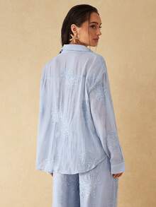 Silquee Women's Light Blue Floral Embroidered Pyjamas Set Two Piece,Boho Drop-Shoulder Long-Sleeved Single-Breasted Pocket Shirt,Holiday Vacation Autumn - Blue - View 2