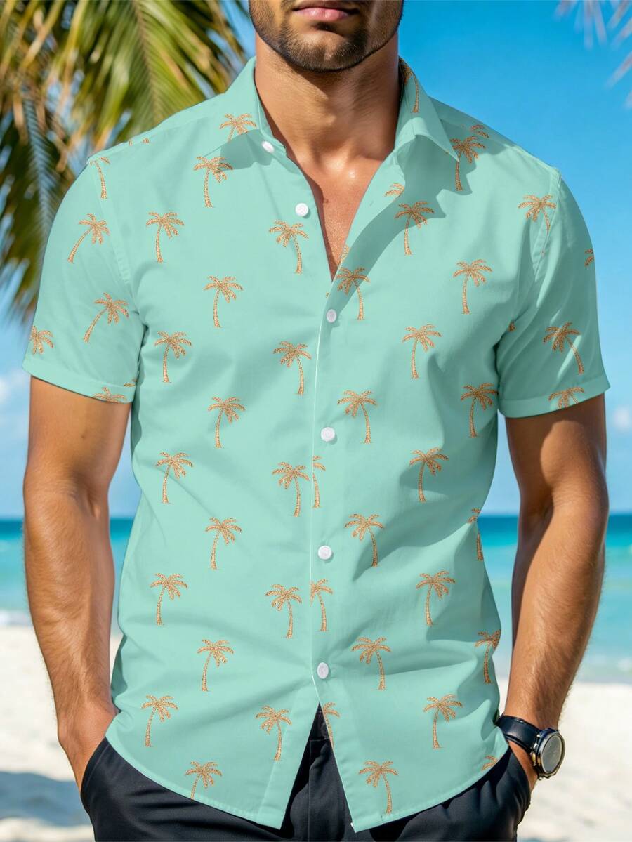 VIVINTIMO Camisa de hombre con estampado de palmeras en verde fresco, adecuada para salidas, vacaciones en la isla, fiestas de Hawái - Multicolor - Ver 1
