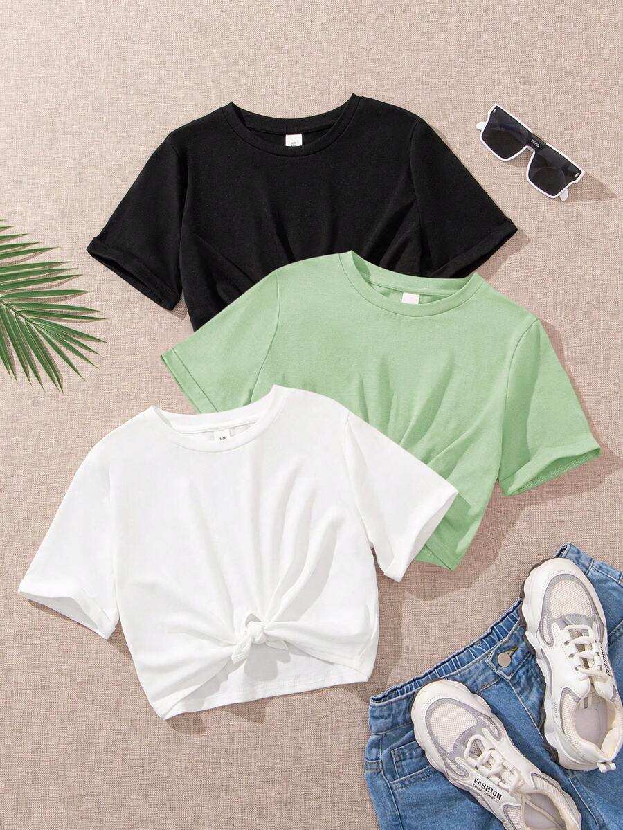 SHEIN 3pcs/Set Kaos Kasual Rajut Pendek Pas Badan Leher Bulat Warna Polos untuk Anak Perempuan Remaja - MultiWarna - View 1
