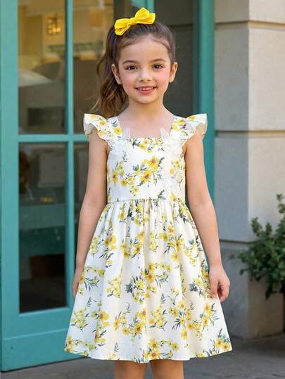 SHEIN Young Girls White Ditsy Floral Spaghetti Strap Summer Fairy Dress, Traditional Wedding Guest Young Girls Sleeveless Casual Sundress, Yellow Butterfly Details