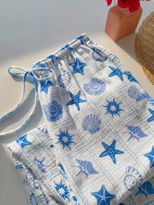 Comfortcana Quần ống rộng hai lớp bằng chiffon, cạp chun, chất liệu 100% cotton, họa tiết kẻ caro và đại dương, thích hợp mặc ở nhà và đi nghỉ mát. Hàng mới về mùa xuân/hè 2026, thời trang đa năng, phù hợp cho kỳ nghỉ biển, dạo chơi thường ngày, phong cách retro Y2K những năm 2000, món đồ không thể thiếu cho kỳ nghỉ xuân. - Màu xanh lam - Xem 6