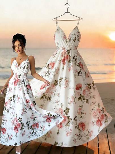 GlowEve Women's Floral Print Backless Spaghetti Strap Dress, Elegant For Vacation