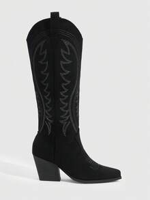 Daringsoles Giày nữ kiểu phương Tây, kiểu mới, xỏ chân, màu trơn, mũi nhọn, gót dày và đế mỏng, chống trơn trượt và thoải mái, đa năng, bốt cao cổ, bốt ống rộng, bốt thời trang, bốt phổ biến, bốt cao đến đầu gối, thích hợp cho các lễ hội âm nhạc và Halloween. - màu đen - Xem 1