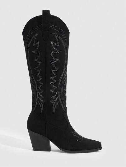 Daringsoles 西部风格新款女鞋，套脚式，纯色，尖头，粗跟细跟，防滑舒适，百搭长靴，裤靴，时尚靴，流行靴，及膝靴，适合音乐节和万圣节等场合