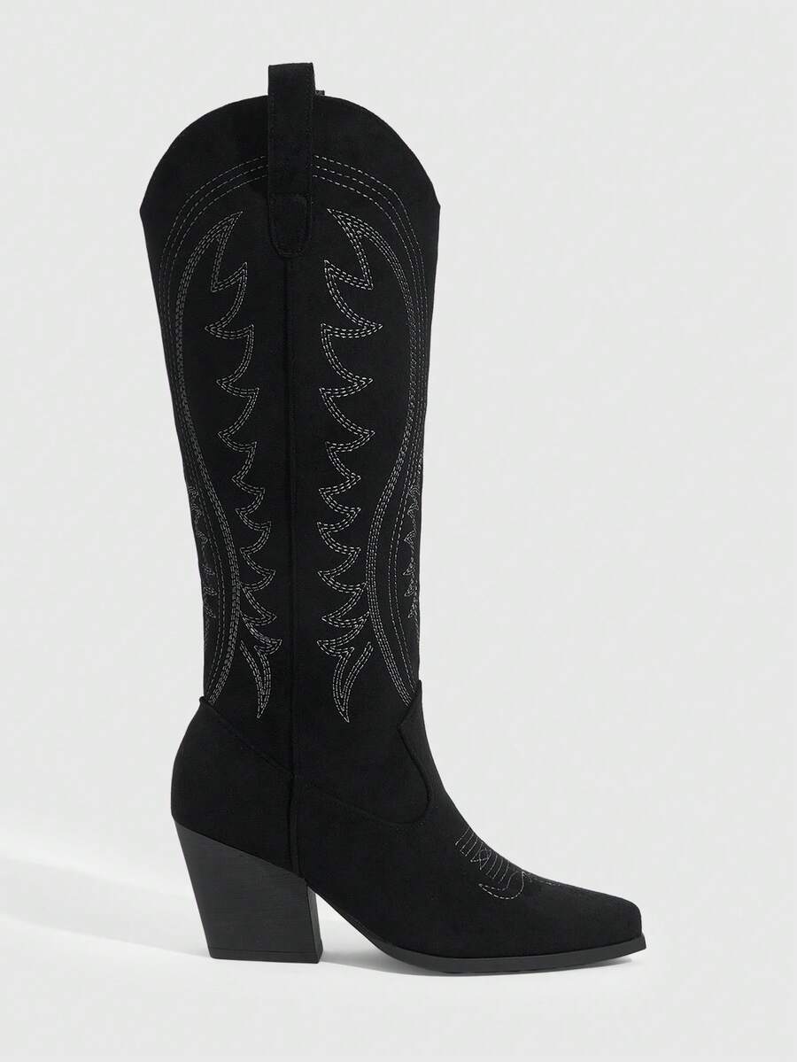 Daringsoles Giày nữ kiểu phương Tây, kiểu mới, xỏ chân, màu trơn, mũi nhọn, gót dày và đế mỏng, chống trơn trượt và thoải mái, đa năng, bốt cao cổ, bốt ống rộng, bốt thời trang, bốt phổ biến, bốt cao đến đầu gối, thích hợp cho các lễ hội âm nhạc và Halloween. - màu đen - Xem 1