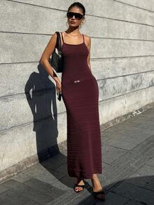 DAZY Women's Solid Color Metal Decor Elegant Waist Cinched Party Knit Slip Dress Summer - Brown - View 6