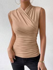 RosyDaze Women's Summer Casual Commute Vacation Solid Color Surplice Neck Ruched Slim Fit Tank Top - Khaki - View 6