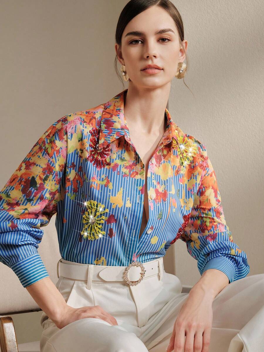 Anewsta 浪漫度假风蓝白条纹油画印花装饰手工串珠亮片花卉女式衬衫 - 藍色 - 查看 1