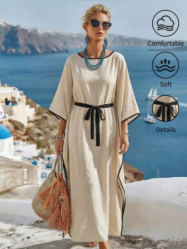 Breezaya Casual Loose Fit Color Block Adjustable Waist Elegant Summer Beach Vacation Weekend Dress For Women Linen Dresses For Women Summer Loose Summer Dress Tunic Dresses Caftan Dress Loose Dress Kaftan Dress