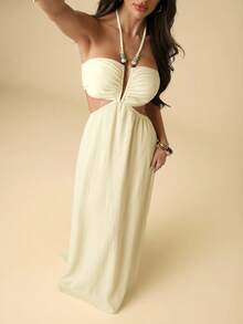 SHEIN BAE Women's White Summer Boho Vacation Dress, Beaded Decor Halter Backless Casual Festival Outfits, Elegant Party Beach Wedding Guest Dress - Apricot - View 1