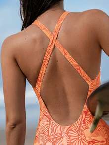 Swim SPRTY Áo tắm liền thân hở lưng in họa tiết toàn thân dành cho nữ, thích hợp cho kỳ nghỉ biển. - trái cam - Xem 3
