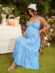 SHEIN Đầm bầu cổ yếm buộc nơ, thiết kế hai lớp, cổ chữ V sâu, lưng hở, dáng chữ A, chân váy nhiều tầng, đầm dài dệt jacquard. - Màu xanh lam - Xem 5