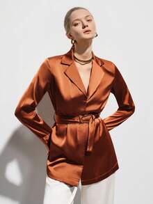 Aveloria Modichic 极简通勤风衬衫裙，翻领设计，腰部饰有腰带，隐形门襟，长袖，修身显瘦 - 銅色 - 查看 1