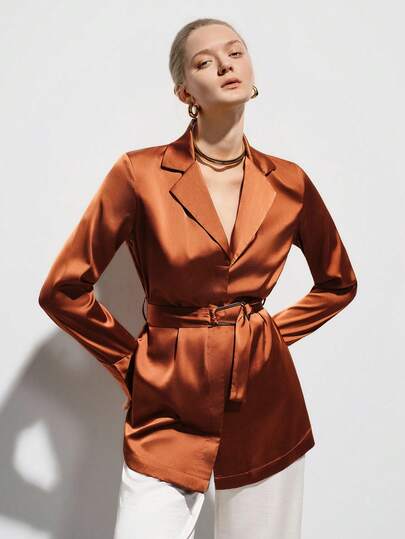 Aveloria Modichic 极简通勤风衬衫裙，翻领设计，腰部饰有腰带，隐形门襟，长袖，修身显瘦