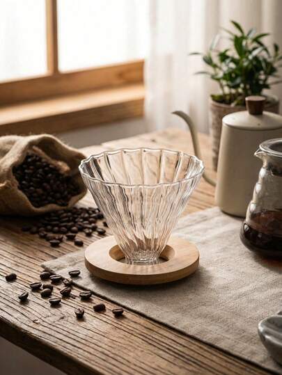 Cirelle 玻璃手冲咖啡滴滤器 - 锥形手冲滤网，配竹制支架，耐热硼硅酸盐材质，家用咖啡师适用