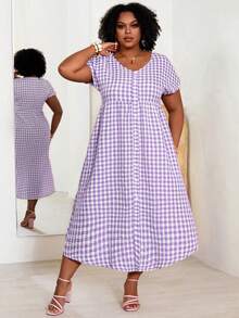 BrightlyHer Vestido a cuadros de manga corta y cuello en V para mujer de talla grande, ideal para vacaciones de verano - Púrpura malva - Ver 3