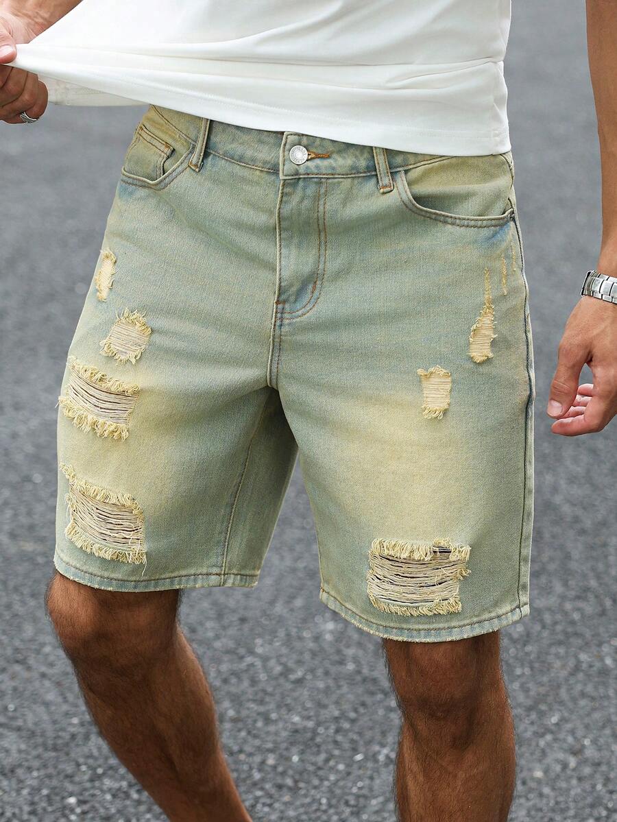 Manfinity LEGND Quần short denim rách kiểu Mỹ, túi xéo, cỡ lớn dành cho nam. - Màu xanh lam - Xem 1
